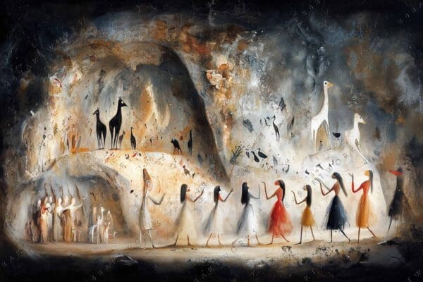 Surreal digital painting of figures and animals in a cave with earthy tones.