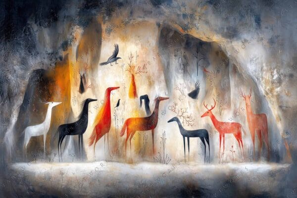 "Digital art of stylized animals and birds in abstract cave-like setting, earthy tones."