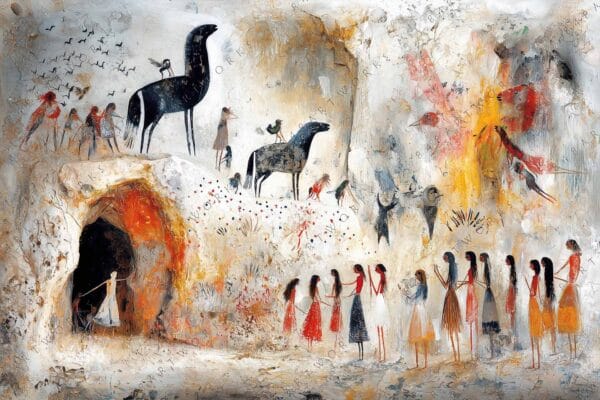 "Abstract painting of cave art with figures, horses, and birds in earthy tones."