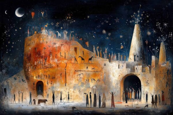 "Surreal digital painting of a starry night with abstract figures on terracotta structures."