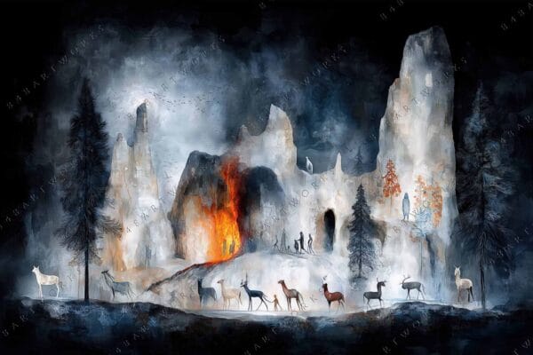 "Fantasy digital painting of mythical forest scene with animals and fiery landscape."