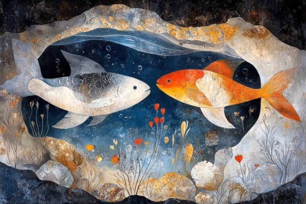 Digital painting of two koi fish in vibrant colors, surrounded by underwater flora.