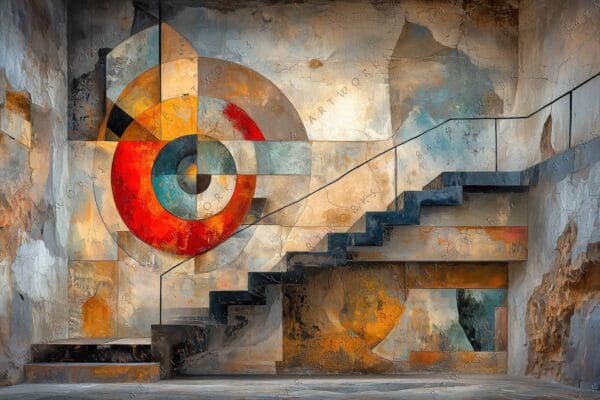 Abstract digital art of geometric mural with red, orange, and teal circle on textured wall.