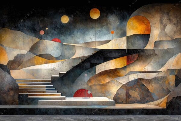 "Abstract digital painting with geometric shapes, earth tones, and celestial spheres."