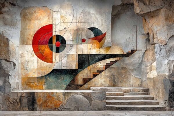 "Surreal digital art of geometric shapes on a stone wall with abstract staircase."