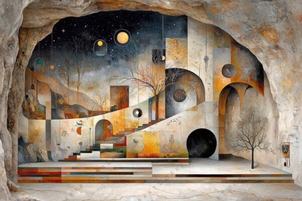 "Surreal digital painting of a stone cave with abstract geometric shapes and cosmic orbs."