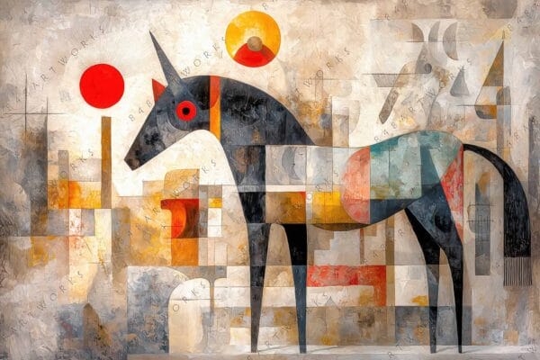 "Abstract cubist painting of a unicorn with geometric shapes in red, orange, and gray."