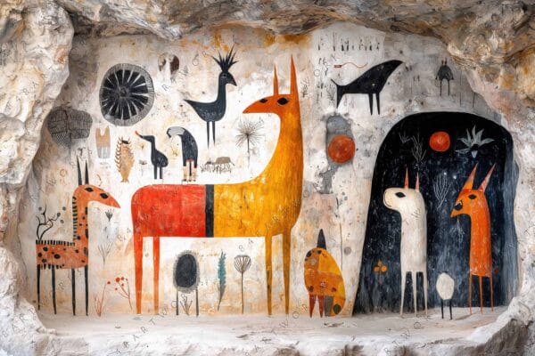 Cave wall painting of abstract animals in orange, black, and white tones.