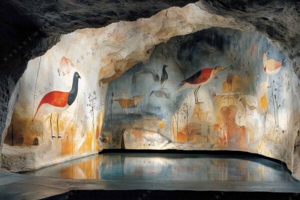 Cave wall art depicting stylized birds in earth tones with reflective water below.