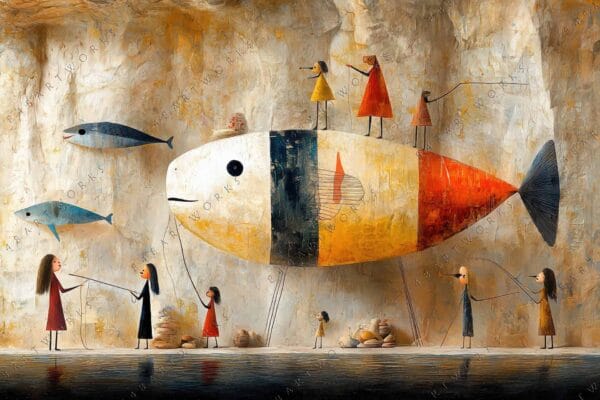 Surreal digital painting of large fish with people on it, warm earthy tones.