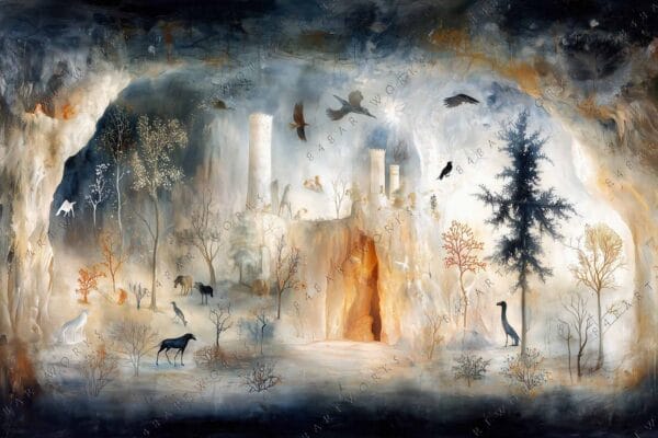 "Surreal digital painting of a mystical forest with animals and ancient stone towers."