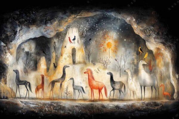 "Surreal digital painting depicting abstract animals and trees inside a rocky cave."