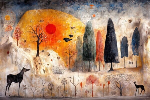Surreal painting of a landscape with abstract trees, animals, and vibrant orange hues.
