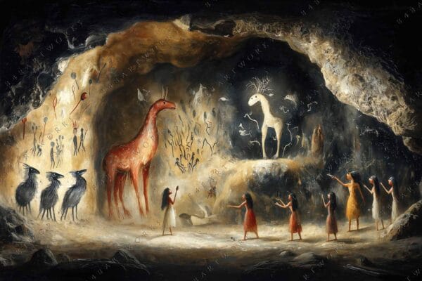 Digital painting of an ancient cave with humanoid figures and animal motifs on walls.