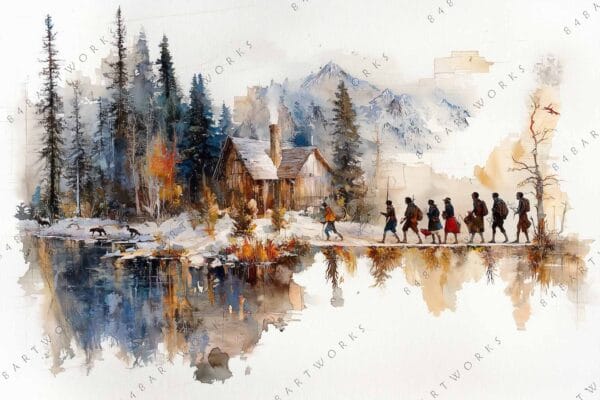 Watercolor painting of hikers near a rustic cabin, snowy forest, and distant mountains.