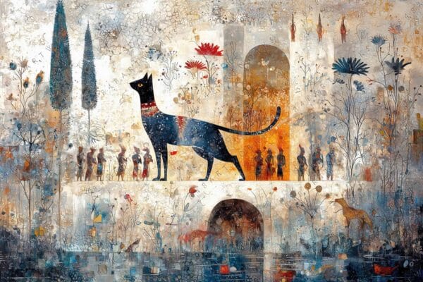 Surreal painting of a large black cat with abstract figures and trees in earthy tones.