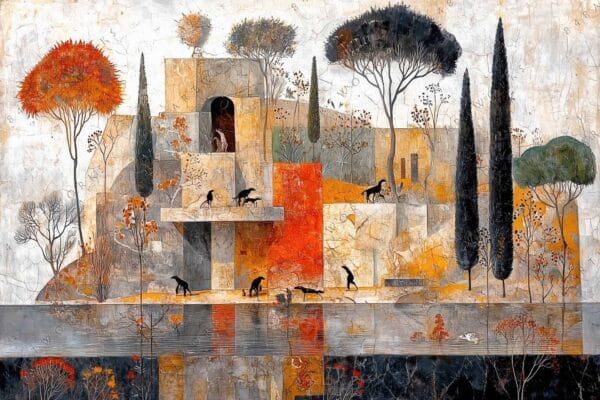 "Surreal painting of animals and abstract architecture in warm earth tones and autumn trees."