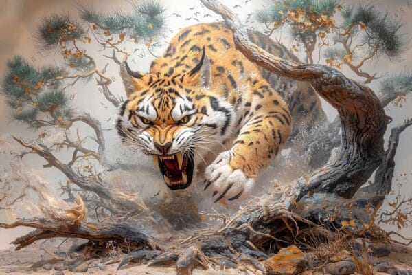 "Dynamic digital painting of a fierce tiger emerging from twisted, barren branches."