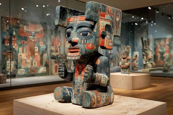 "Photo of a colorful ancient sculpture in a museum setting with other artifacts."