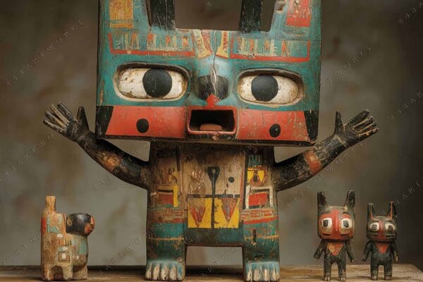 Wooden sculptures with colorful geometric designs in a traditional artistic style.