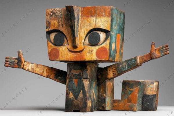 Wooden cubist sculpture of a smiling figure with outstretched arms in earthy tones.