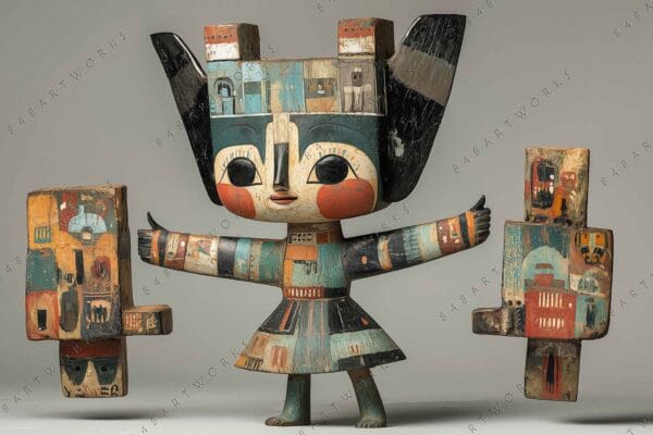"Whimsical wooden sculpture with painted geometric patterns in earthy and teal tones."