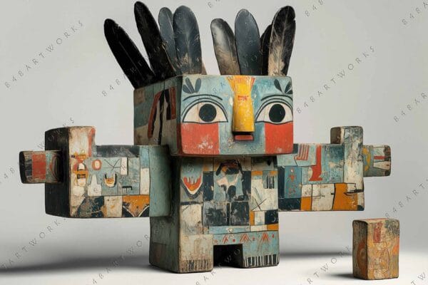 Cubist-inspired digital art of a tribal figure with feathered headdress and vivid colors.