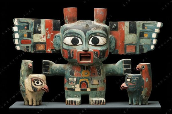 "Tribal wooden sculpture of a figure with extended arms and bird motifs, multicolored."