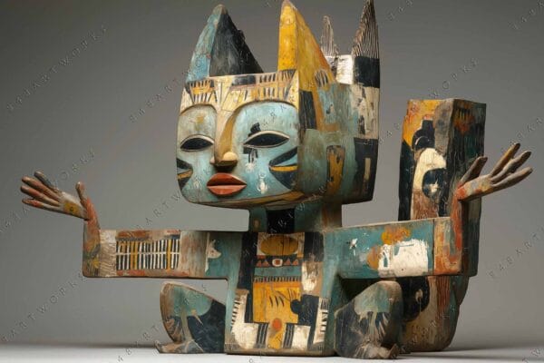Wooden sculpture of a seated figure with colorful tribal patterns and extended arms.