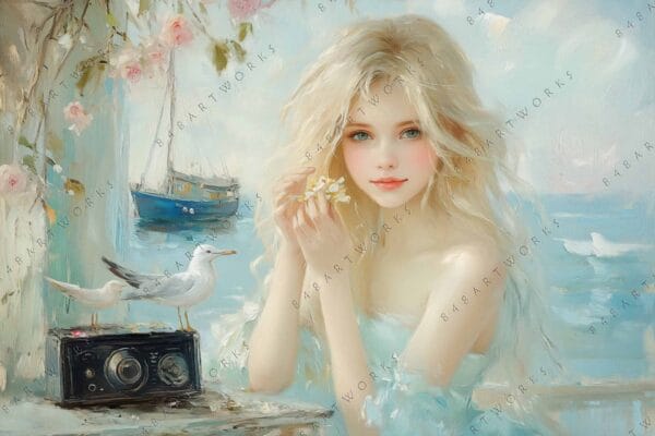 "Impressionist painting of a girl with seagulls, flowers, and a sailboat in pastel tones."