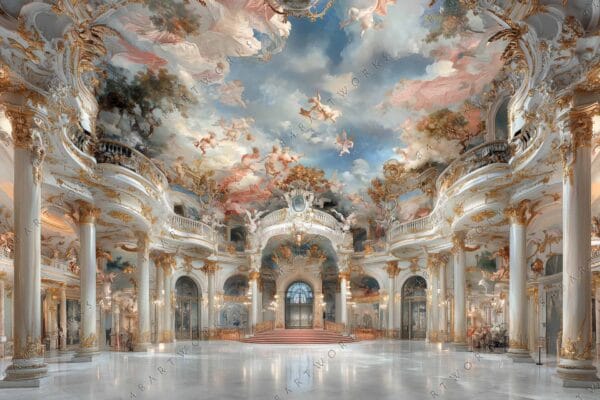 Ornate digital painting of a grand hall with an intricately painted celestial ceiling.