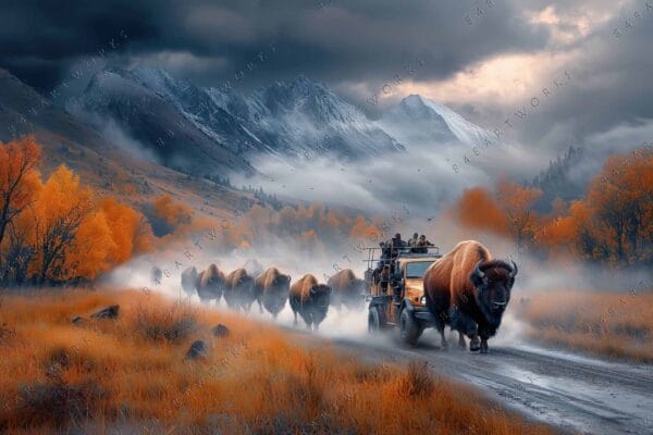 Digital art of bison herd and truck on misty road with orange trees and mountains.