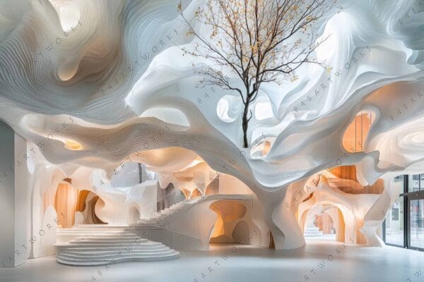"Modern architectural interior with abstract white forms and a central bare tree."