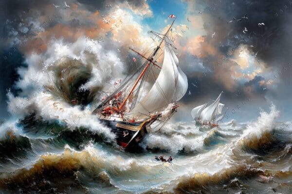 Dramatic digital painting of sailing ships navigating through turbulent, stormy seas with dark skies.