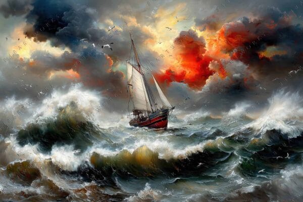 "Digital painting of a sailing ship on stormy seas under dramatic red and gray clouds."