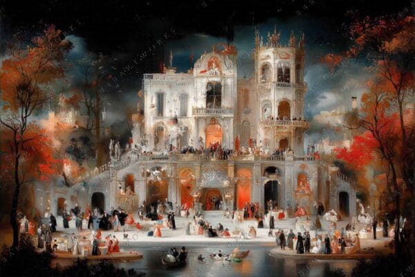 "Romantic painting of elegant figures at a grand palace against a dark, moody sky."