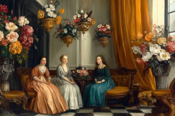 "Classical painting of three women in period dresses with ornate floral arrangements."