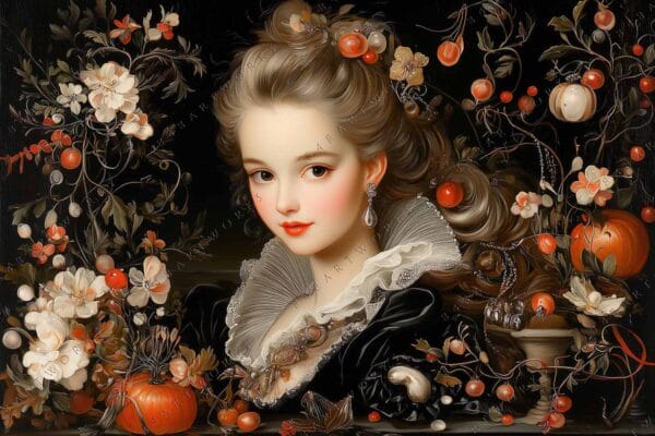 "Digital painting of a woman in ornate attire with flowers and pumpkins, dark background."