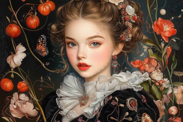 Digital portrait of a woman with ornate hairstyle, surrounded by flowers and vines.
