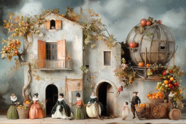"Whimsical digital painting of vintage figures in front of a rustic house with fruit."