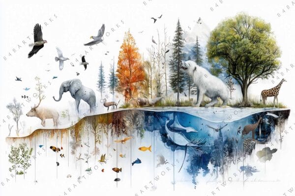 "Digital artwork of diverse wildlife in forest and ocean, featuring trees and animals."