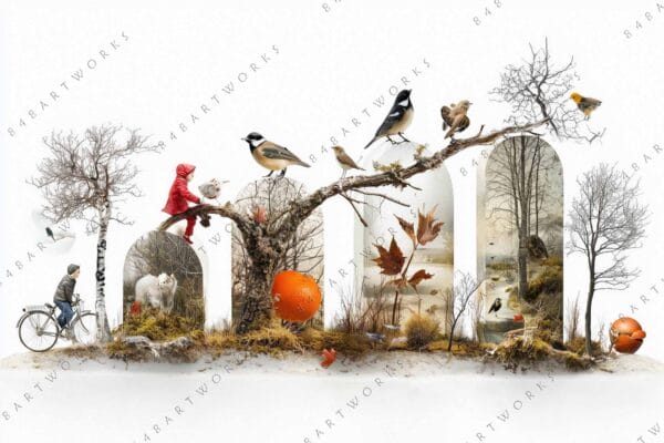 Surreal digital collage with birds, trees, and children interacting on a snowy landscape.