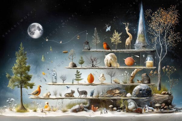 "Surreal digital artwork depicting animals and trees on layered platforms under a moonlit sky."