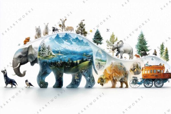Digital collage artwork of an elephant filled with diverse animals and landscape scenes.