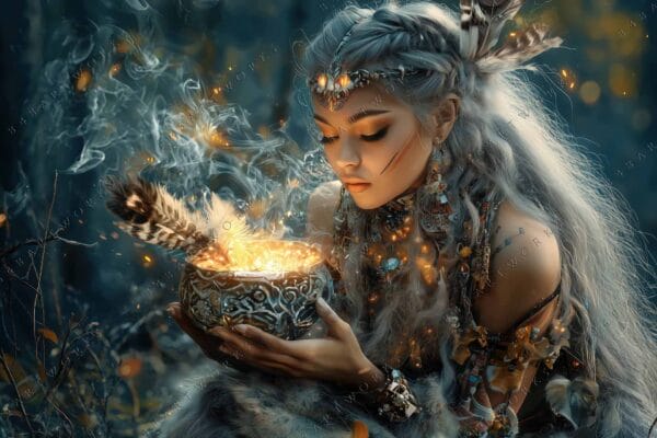 "Fantasy digital art of a woman with feathers, holding a glowing, ornate bowl."