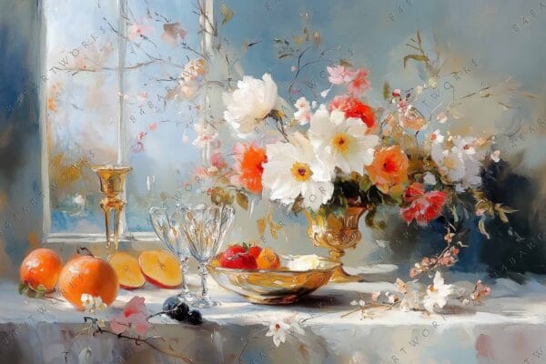 "Impressionist painting of a floral arrangement with fruits on a table by a window."