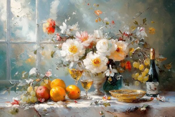 "Impressionist painting of a floral and fruit still life with wine bottle and glasses."