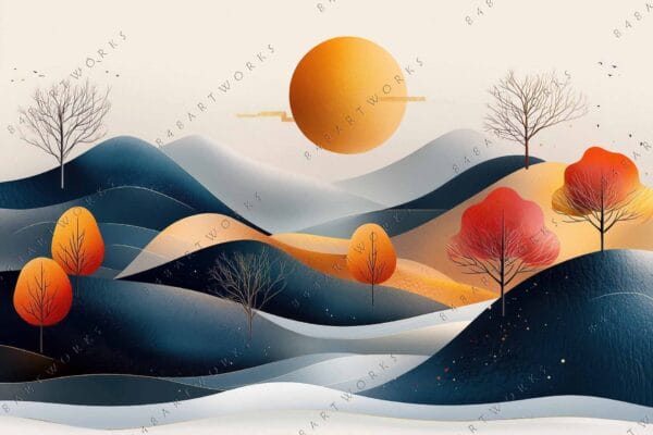 "Abstract digital landscape featuring orange trees on blue and beige rolling hills."