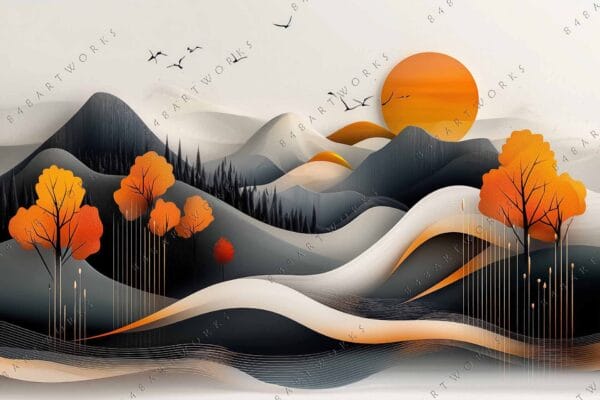 "Abstract digital art of autumn trees and mountains in gray and orange tones."