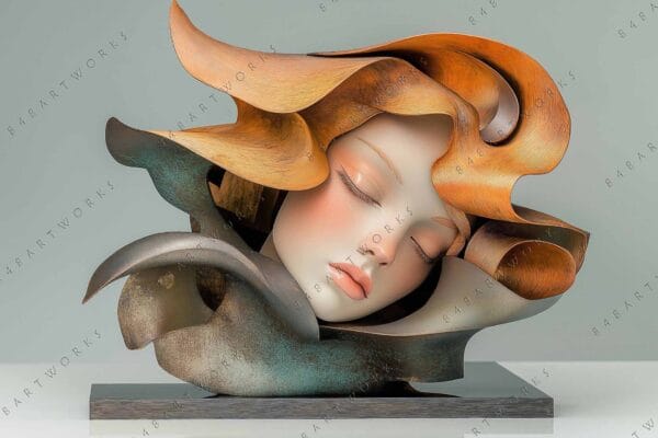 Bronze and clay sculpture of a serene face with flowing orange hair-like elements.